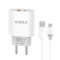 Kit Carregador com Fonte Turbo com 2 entradas PD 40W 9.1A com Cabo Tipo C - a'Gold