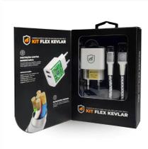 Kit Carregador de Parede Flex Cabo Nylon Kevlar Tipo C, Lightning e Micro USB V8 1,5M