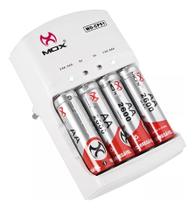 Kit Carregador de Pilha AA/AAA Mox + 4 Pilhas AA Recarregaveis 2600 mah Automático