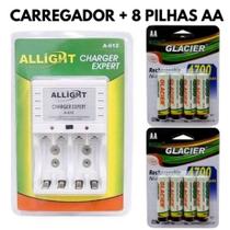 Kit Carregador De Pilha Bateria + 8 Pilhas Recarregaveis AA - Allight