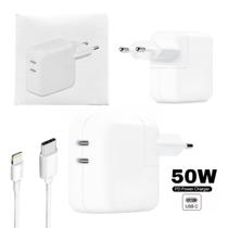 Kit Carregador Fonte Turbo 50W + Cabo USB-C Tipo-C Lightning Compatível com iPhone SE X XR 7/8 7/8 Plus 11 12 13 14 Pro Max