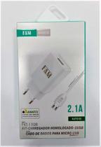 KIT Carregador para celular mais cabo V8 com 1 USB 2.1A Certificado pela ANATEL FKT-1108 ANATEL FAM