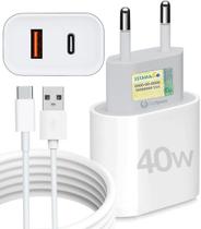 Kit Carregador Super Turbo 40W Porta Dupla (USB-A + USB-C) + Cabo USB e Tipo-C, Compatível com Todos Dispositivos, Iphon Kit Carregador Super Turbo 40W Porta Dupla (USB-A + USB-C) + Cabo USB e Tipo-C, Compatível com Todos Dispositivos, Iphon