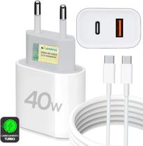 Kit Carregador Super Turbo 40W Porta Dupla (USB-C + USB-A) + Cabo USB Tipo-C, Compatível com Todos Dispositivos, Celular Kit Carregador Super Turbo 40W Porta Dupla (USB-C + USB-A) + Cabo USB Tipo-C, Compatível com Todos Dispositivos, Celular