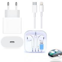 Kit Carregador Turbo 20W USB-C e cabo mais fone de ouvido lightning compatível iPhone 6 7 8 11 12 13 Max X XR XS