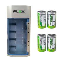 Kit Carregador Universal + 4 Pilhas Tipo D Grande Flex - MOX e Flex