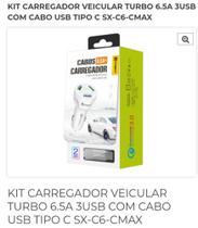 Kit Carregador veicular turbo 6.5A 3USB com cabo tipo C sx-C6-CMax - Sumpexr
