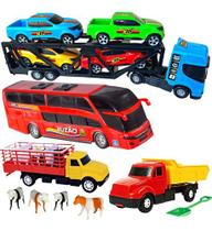 Kit Carreta Caminhão Boiadeiro Carrinhos Animais Cegonha Barato Brinquedo Infantil Presente Meninos