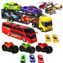 Kit Carreta Cegonheira Caminhão Brinquedo Motinha Ônibus