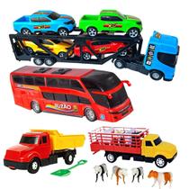 Kit Carreta Cegonheira Cegonha Caminhão Animais Boiadeiro Brinquedo Ônibus Presente Doação - Bs toys