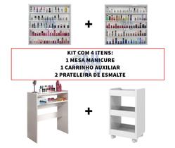 Kit Carrinho Auxiliar Br + Mesa Manicure + 2 Porta Esmaltes Prateleira - AJB