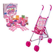 Kit Carrinho Bebê Rosa Para Boneca + Jogo Xicaras do Chá