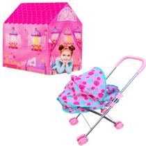 Kit Carrinho Boneca Bebê Reborn Rosa C/ Barraca Princesas