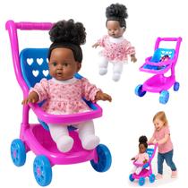 Kit Carrinho Boneca + Soft Hair Negra Bebe Conforto Macia