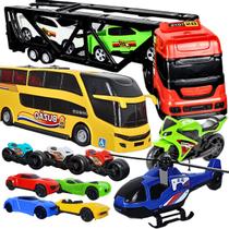 Kit Carrinho Caminhão 15 Pçs Cegonha Completo Ônibus Moto Helicóptero Brinquedo Menino