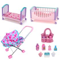 Kit Carrinho De Boneca Baby C/ Berço Caminha e Bolsinha
