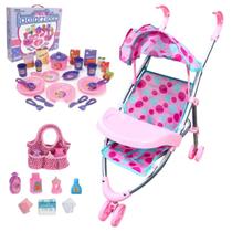 Kit Carrinho De Boneca Rosa Bebê C/ Jogo Meu Jantar e Bolsa