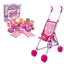 Kit Carrinho de Boneca Rosa Bebê + Jogo Chazinho Infantil