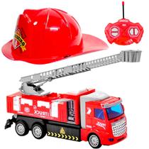 Kit Carrinho de Controle Remoto Caminhão Bombeiros Americano + Chapeu - DM-TOYS