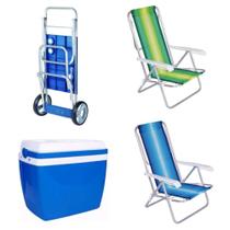 Kit Carrinho de Praia + 2 Cadeiras 8 Posicoes Aluminio + Caixa Termica 34 Lts Azul Mor