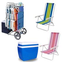 Kit Carrinho de Praia com Avanco + 2 Cadeiras 4 Posicoes em Aluminio + Caixa Termica 34 Litros Mor