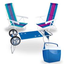 Kit Carrinho de Praia com Avanco + 2 Cadeiras 8 Posicoes em Aco + Caixa Termica 18 Litros Mor