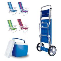 Kit Carrinho de Praia com Avanco + 4 Cadeiras 4 Posicoes em Aluminio + Caixa Termica 34 Litros Mor