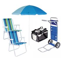 Kit Carrinho de Praia com Avanco + Guarda Sol + 2 Cadeiras de Aco + Bolsa Termica Mor