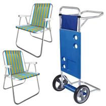 Kit Carrinho de Praia e 2 Cadeiras de Praia Aluminio Alta