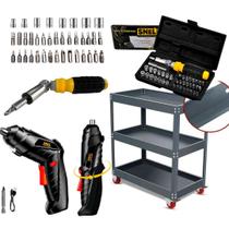 Kit Carrinho Organizador Ferramentas Maleta 41 pçs Parafusadeira 5v