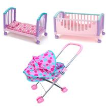Kit Carrinho P/ Boneca Berço Infantil C/ Berço Caminha Rosa
