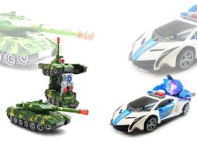 Kit Carrinho Policia + Tanque Emite Som E Luz Gira 360 Anda