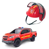 KIT Carrinho Viatura Pick-up S10 C/ Capacete Bombeiro Brinquedo Infantil