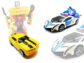 Kit Carro Vira Robô Camaro+ Carro Policia Emite Som Luz 360