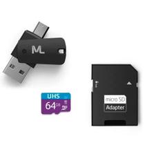 Kit Cartão de Memória 64GB + Adaptador USB + Micro USB e Adaptador Cartão SD - Multilaser MC152 Kit Cartão de Memória 64GB + Adaptador USB + Micro USB e Adaptador Cartão SD - Multilaser MC152
