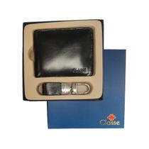 Kit Carteira Chaveiro Classe Couro Legítimo Inox Social Masculino SB173