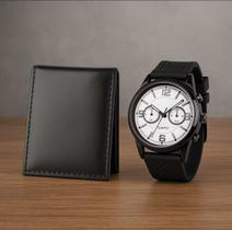 kIt carteira masculina slim porta cartão + relogio ponteiro