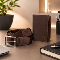 Kit Carteira Slim RFID e Cinto de Couro Masculino + Brinde