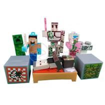 Kit Cartelado Conjunto Minecraft 2 Bonecos + 1 Villager + 1 Enderman + 1 Creeper + 1 Cama + Espadas