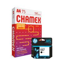Kit Cartucho HP 667 Preto 3YM79AB + Resma de Papel Sulfite A4 Chamex Kit Cartucho HP 667 Preto 3YM79AB + Resma de Papel Sulfite A4 Chamex