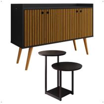 Kit Casa Aparador Buffet Dallas Cantinho Café Mesa Apoio Lateral Luiza Pés Ferro Decoração Sala Estar Preto/Ripado - Lojas RPM