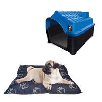 Kit Casa Cachorro Gato Pet N1 Azul e Cama Quadrada Lavável