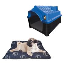 Kit Casa Cachorro Gato Pet N2 Azul e Cama Quadrada Lavável