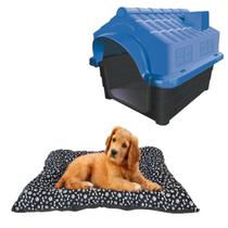 Kit Casa Cachorros Gato N4 Azul + Caminha Colchão Acolchoado