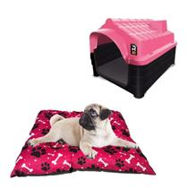 Kit Casa Casinha Resistente N2 Rosa E Cama Colchonete Pet