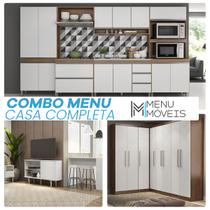 Kit Casa Completa Mobiliada Cozinha 6 Pcs + Guarda Roupa Canto + Rack Tv + Mesinha + Ilha Bancada