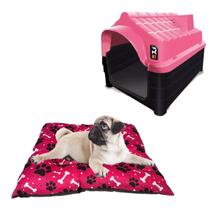 Kit Casa Dog Gato Pet N1 Rosa e Cama Quadrada Lavável Rosa