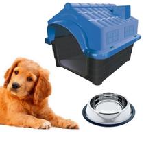 Kit Casa Pet Plástica N3 Azul + Pote Tigela Inox Ração Água