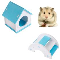 Kit Casa Refugio + Escada Ponte P/ Roedores Hamster Pet Azul