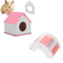 Kit Casa Refugio + Escada Ponte P/ Roedores Hamster Pet Rosa - C3b
